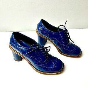 NIU Navy Patent Leather Brogue Oxford Heels Lace-Up Block Heel IT 38 Italy